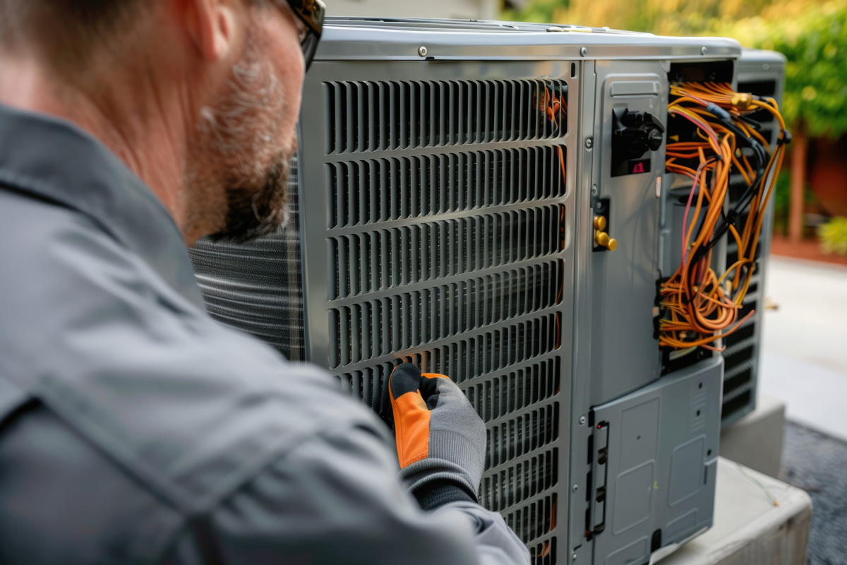 A man wearing grey and orange gloves inspecting an outdoor HVAC unit in North Fort Myers.