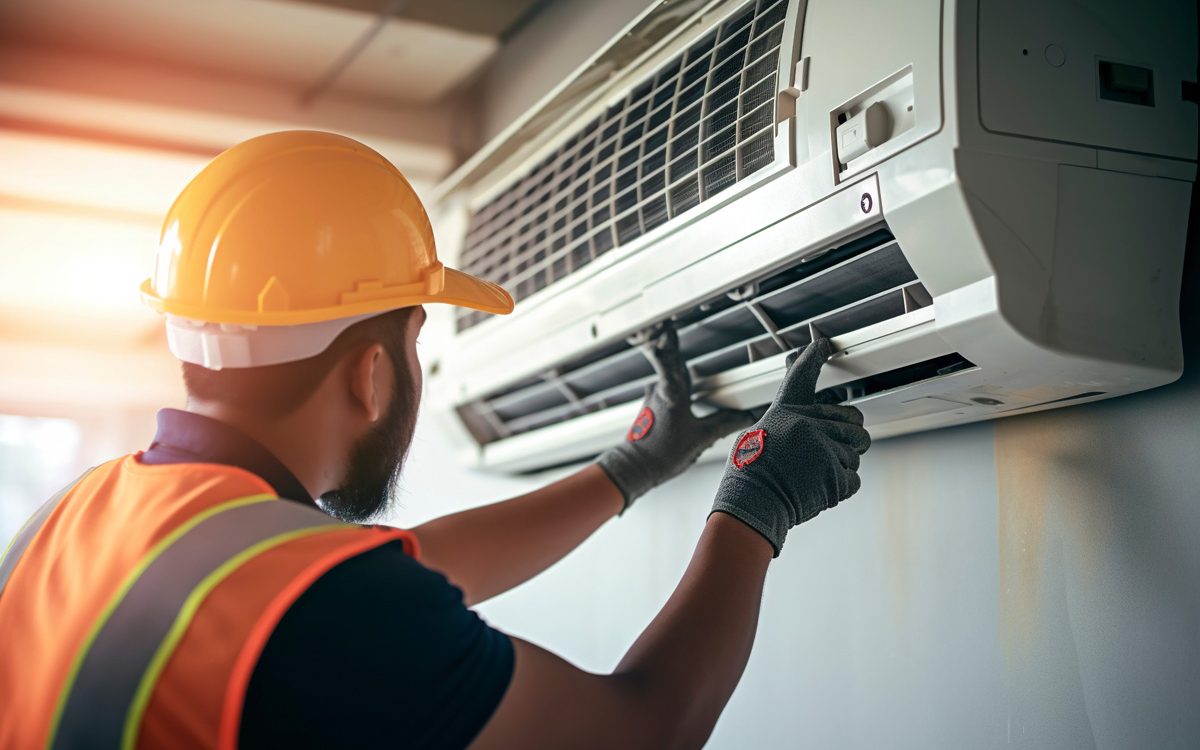 An HVAC technician with a yellow hardhat performing AC service to an AC system in North Fort Myers.