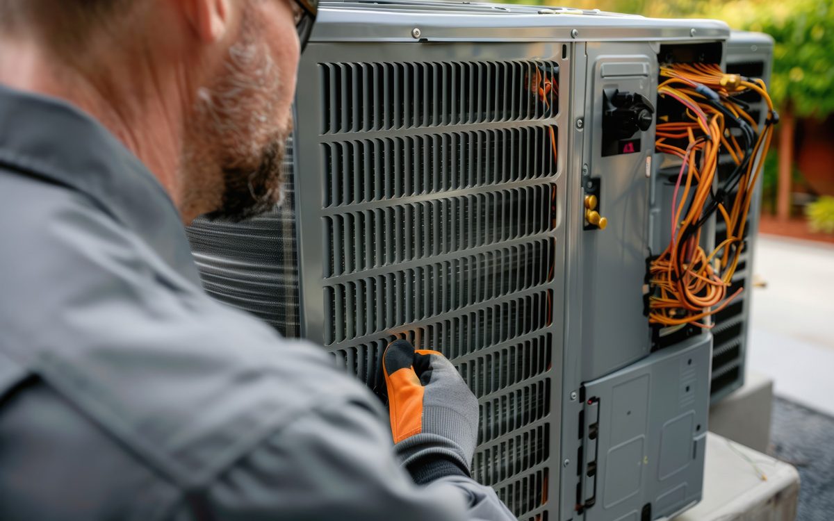 A man wearing grey and orange gloves inspecting an outdoor HVAC unit in North Fort Myers.