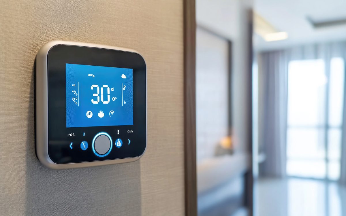 A digital thermostat on a wall with a blue screen and the number “30” in North Fort Myers.